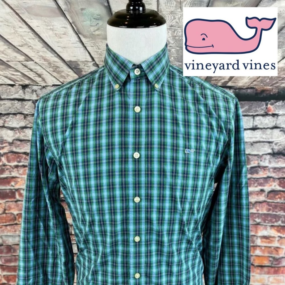 Vineyard Vines Collegiate Green Blue Plaid Shirt M